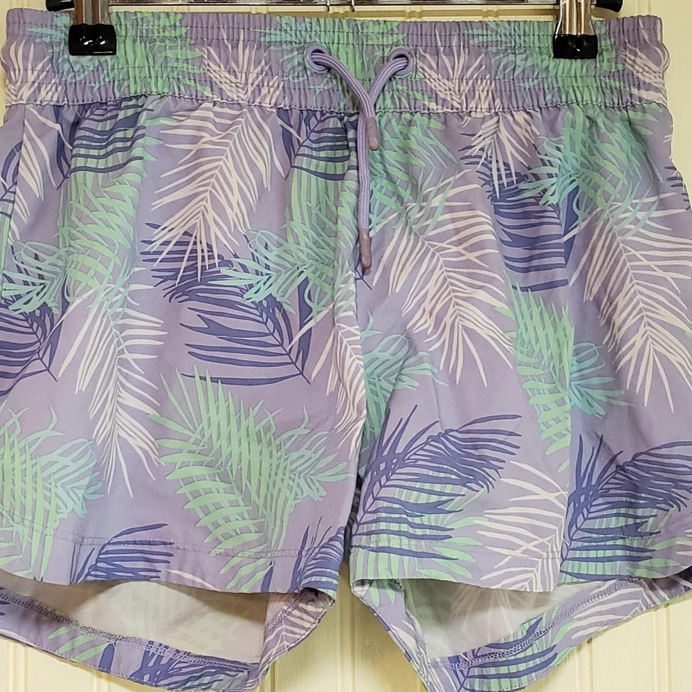 Member's Mark Swim Trunks Girls 14-16 Purple Tropical Palm Print Elastic Waist